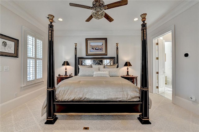 carpeted bedroom featuring crown molding, ceiling fan, and connected bathroom