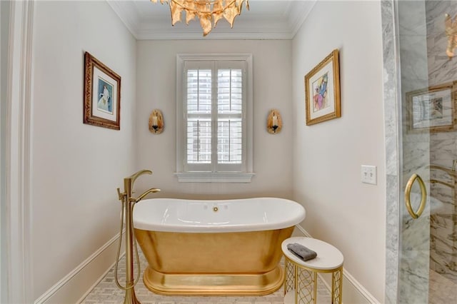 bathroom featuring crown molding and separate shower and tub