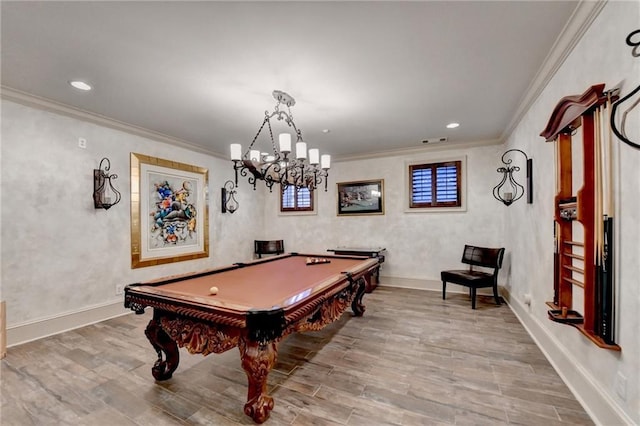 rec room featuring wood-type flooring, ornamental molding, and pool table