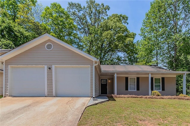 ranch-style home with concrete driveway, a front yard, and a garage