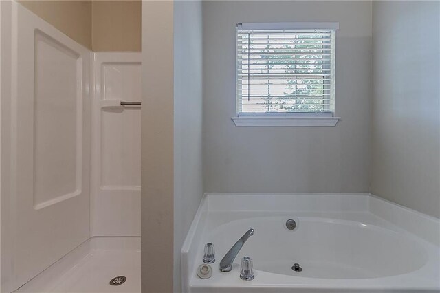 bathroom featuring healthy amount of natural light, a garden tub, and a shower stall