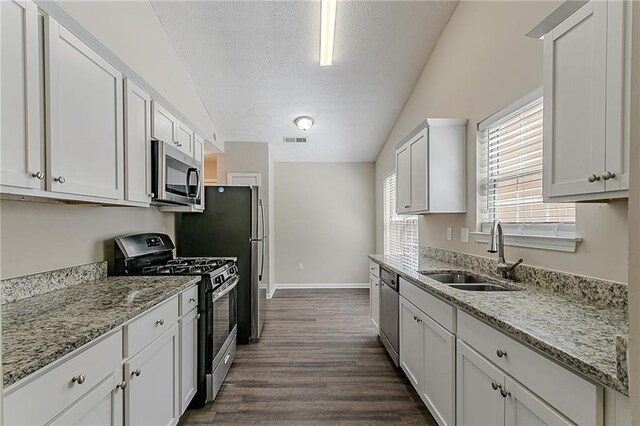 kitchen with stainless steel appliances, a sink, dark wood-type flooring, lofted ceiling, and white cabinetry