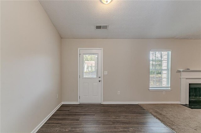 foyer entrance featuring plenty of natural light, dark wood-style floors, a textured ceiling, and baseboards