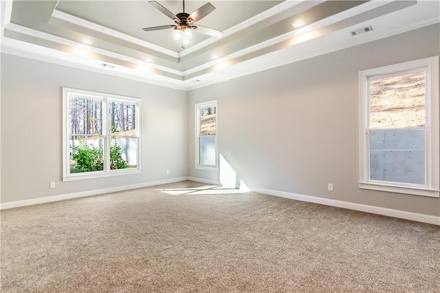 carpeted empty room featuring a raised ceiling, ceiling fan, and crown molding