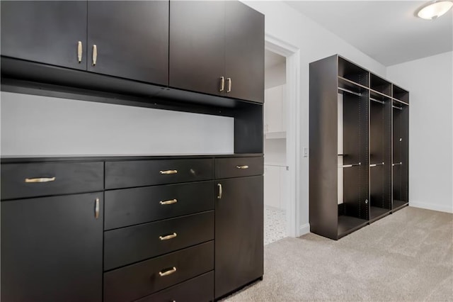 walk in closet featuring light carpet