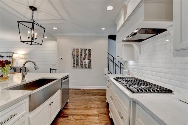 kitchen featuring stainless steel appliances, premium range hood, dark wood-style flooring, a sink, and white cabinetry