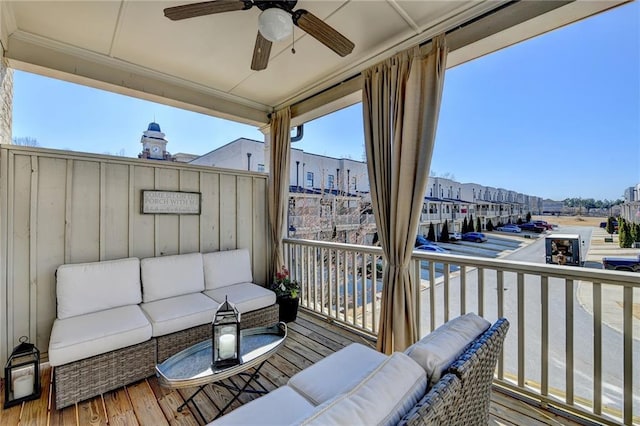 exterior space with an outdoor hangout area and ceiling fan