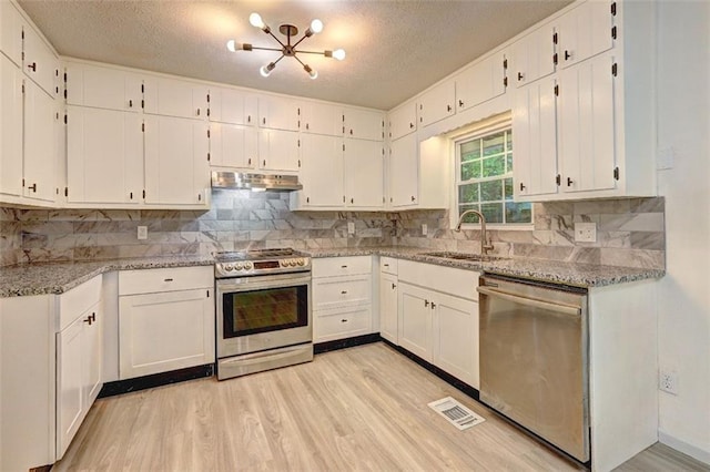 6454 Boca Grande Blvd, Forest Park, GA 30297 - kitchen with appliances with stainless steel finishes, a sink, under cabinet range hood, white cabinetry, and light wood-type flooring