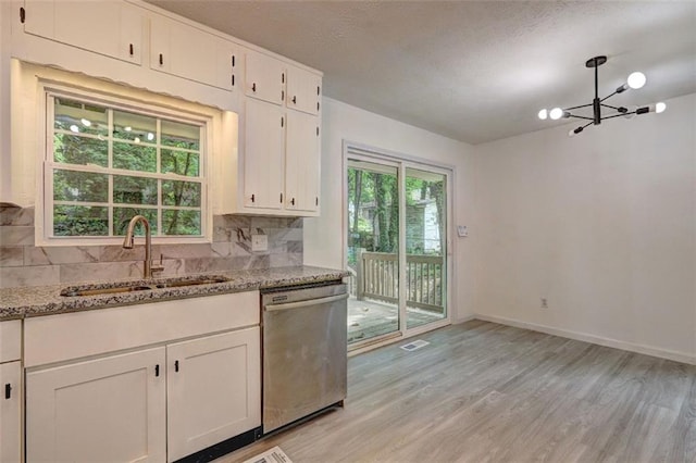 6454 Boca Grande Blvd, Forest Park, GA 30297 - kitchen featuring stainless steel dishwasher, a sink, decorative backsplash, white cabinets, and a textured ceiling