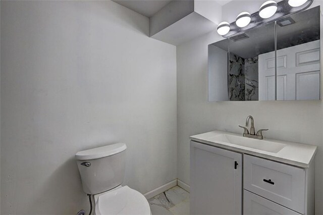 6454 Boca Grande Blvd, Forest Park, GA 30297 - bathroom with marble finish floors, vanity, baseboards, toilet, and a shower