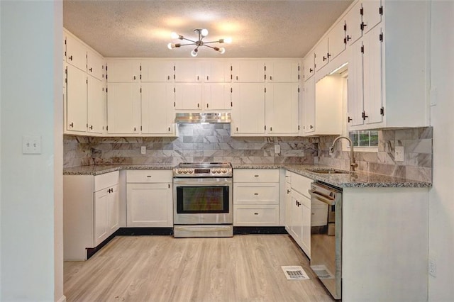 6454 Boca Grande Blvd, Forest Park, GA 30297 - kitchen featuring appliances with stainless steel finishes, a sink, white cabinets, a textured ceiling, and light stone counters