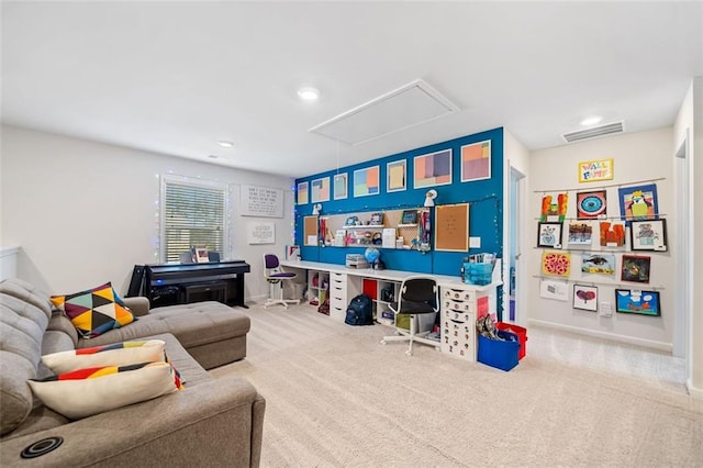 carpeted living area featuring visible vents, recessed lighting, attic access, and baseboards