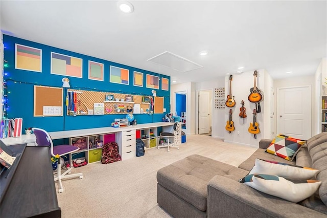 recreation room featuring recessed lighting, baseboards, carpet, and attic access