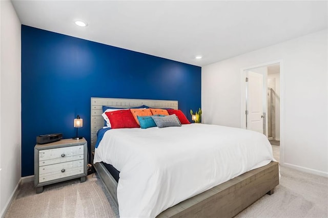 bedroom featuring recessed lighting, carpet, and baseboards