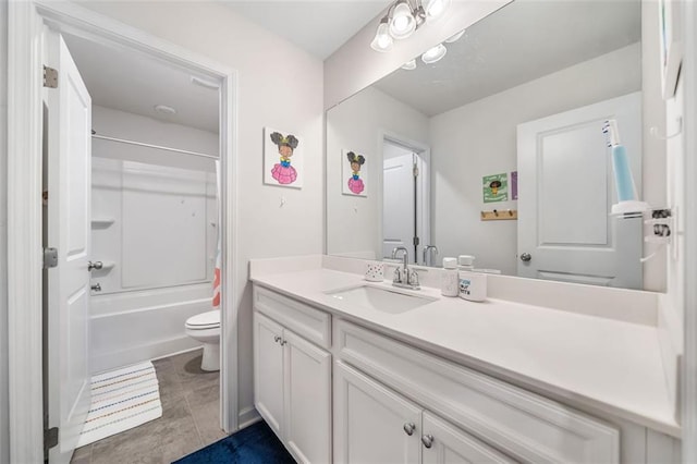 bathroom with bathing tub / shower combination, toilet, vanity, and tile patterned flooring