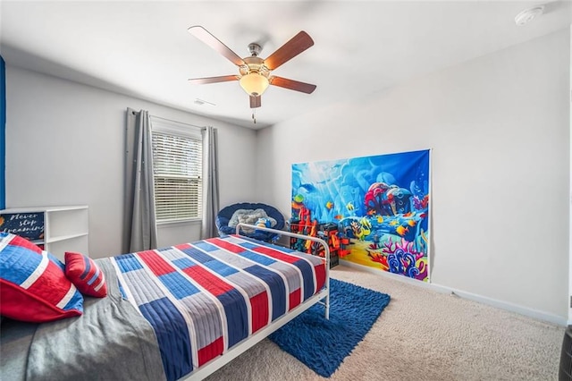 bedroom with visible vents, ceiling fan, baseboards, and carpet floors