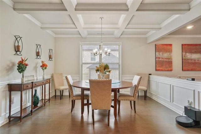 dining room featuring an inviting chandelier, a decorative wall, beamed ceiling, dark wood-type flooring, and coffered ceiling