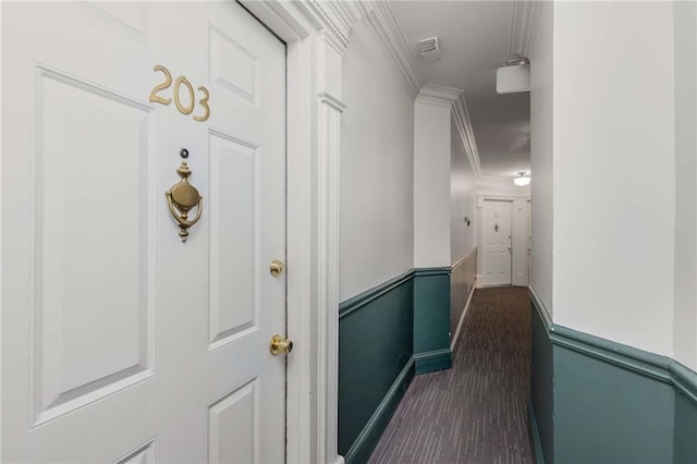 1078 Piedmont Ave NE Unit 203, Atlanta, GA 30309 - hall featuring dark carpet, an upstairs landing, ornamental molding, and baseboards