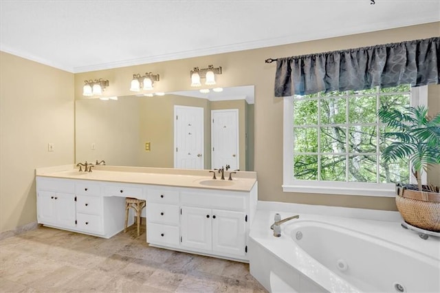 5891 Ranger Ct, Peachtree Corners, GA 30092 - full bathroom featuring a whirlpool tub, double vanity, crown molding, and baseboards