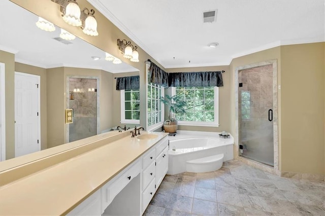 5891 Ranger Ct, Peachtree Corners, GA 30092 - bathroom with ornamental molding, a shower stall, a garden tub, and vanity