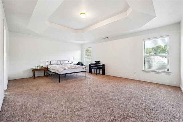 carpeted bedroom featuring a raised ceiling, multiple windows, and baseboards