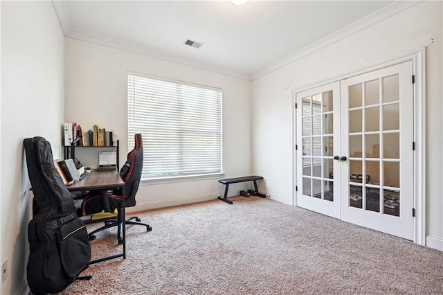 office featuring ornamental molding, french doors, carpet, and visible vents