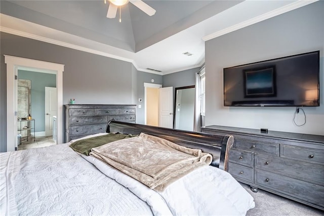 carpeted bedroom with ceiling fan and crown molding