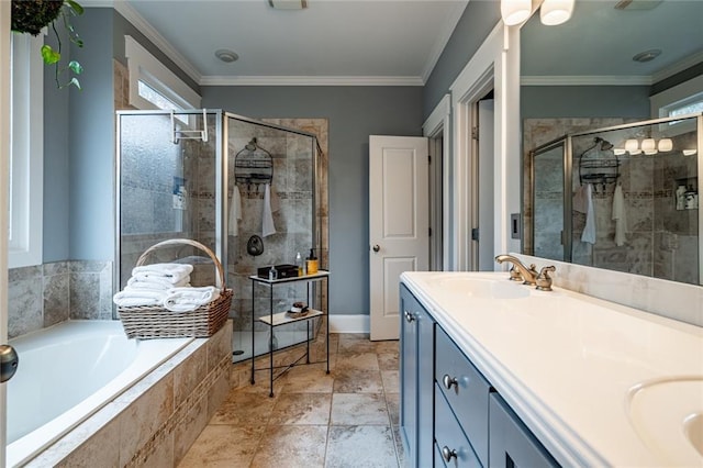 bathroom with vanity, independent shower and bath, and ornamental molding