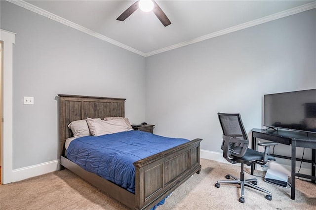 bedroom featuring ceiling fan, light colored carpet, and ornamental molding