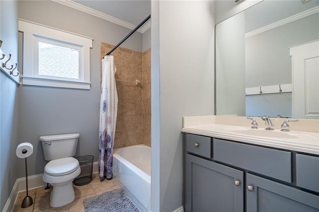 full bathroom featuring tile patterned floors, vanity, shower / tub combo with curtain, crown molding, and toilet