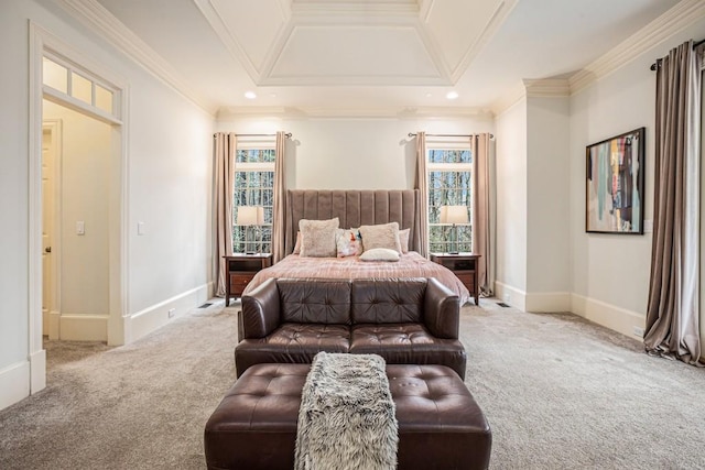 carpeted bedroom featuring crown molding