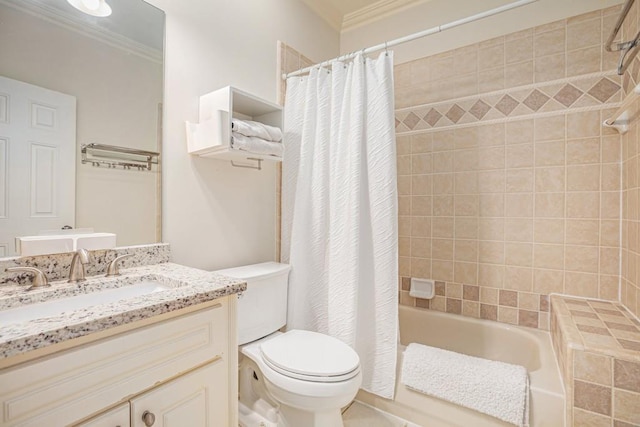 full bathroom with crown molding, toilet, vanity, and shower / bath combo with shower curtain