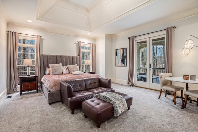 bedroom with crown molding, coffered ceiling, access to outside, light colored carpet, and french doors