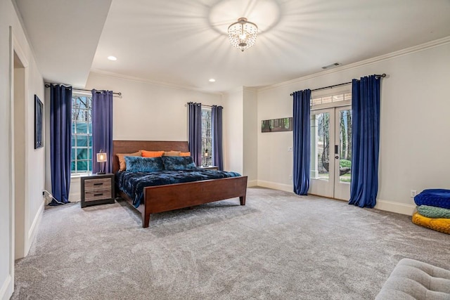 bedroom featuring crown molding and light colored carpet