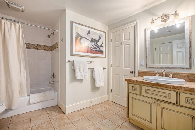 bathroom with tile patterned flooring, vanity, and shower / bath combination with curtain