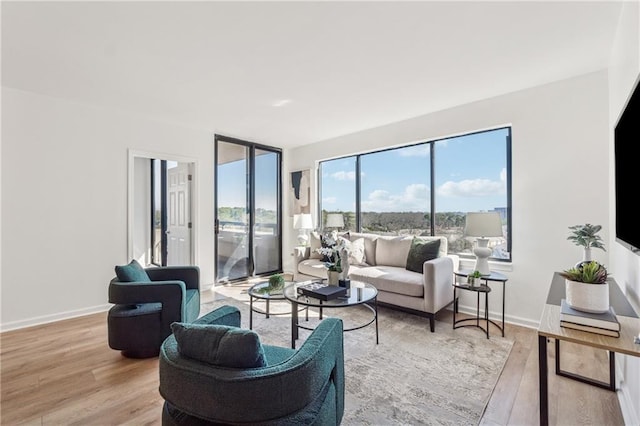 living room with light wood-style flooring and baseboards