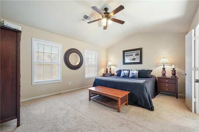 bedroom featuring vaulted ceiling, ceiling fan, and light carpet