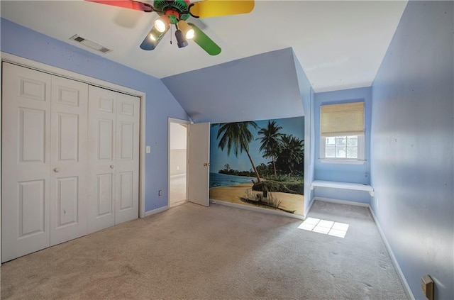 27 Planters Dr NW, Cartersville, GA 30120 - unfurnished bedroom with carpet flooring, lofted ceiling, baseboards, a closet, and ceiling fan
