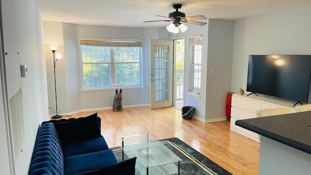 living room with hardwood / wood-style flooring and ceiling fan