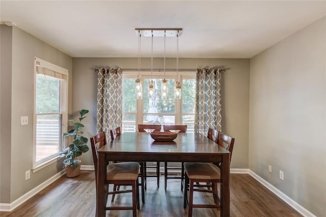 dining space with plenty of natural light, baseboards, and wood finished floors