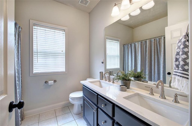 full bath featuring toilet, tile patterned floors, visible vents, and a sink