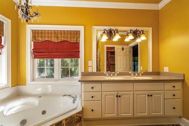 bathroom featuring vanity, a relaxing tiled tub, and ornamental molding