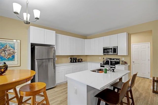 kitchen with sink, hanging light fixtures, white cabinets, and appliances with stainless steel finishes