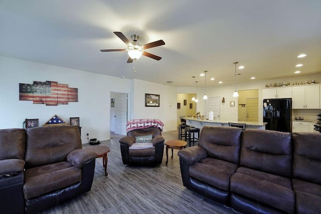 living room featuring hardwood / wood-style flooring and ceiling fan