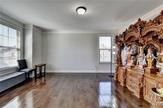 living area featuring dark wood-type flooring, crown molding, and baseboards