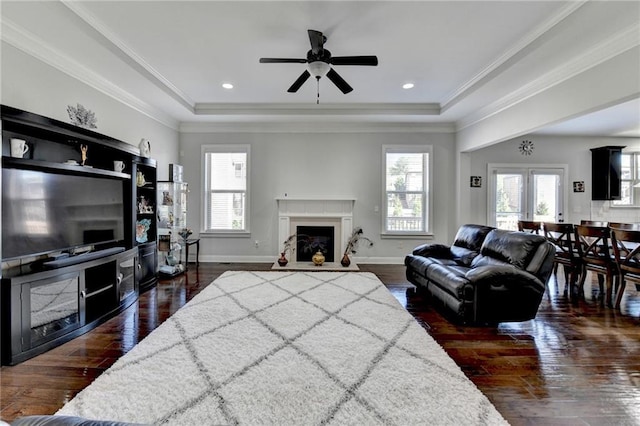 living area with a tray ceiling, a ceiling fan, dark wood finished floors, and a fireplace with raised hearth