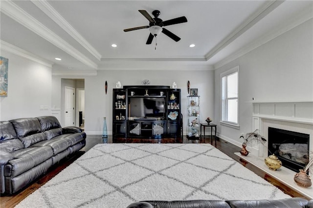 living area featuring a tray ceiling, wood finished floors, ceiling fan, and baseboards