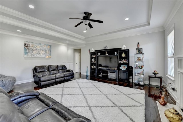 living room with a raised ceiling, wood finished floors, and a ceiling fan