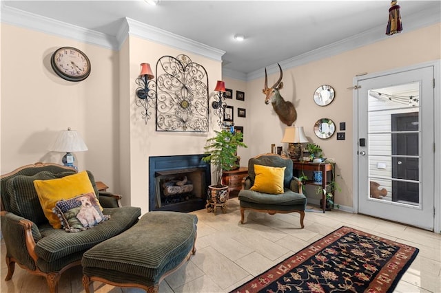 living area featuring ornamental molding and light tile patterned flooring