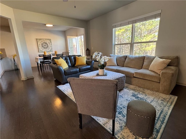 living room with dark hardwood / wood-style flooring and plenty of natural light